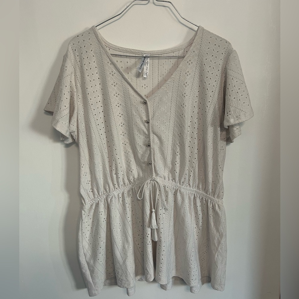 Chic Beige Eyelet Blouse with Drawstring Waist